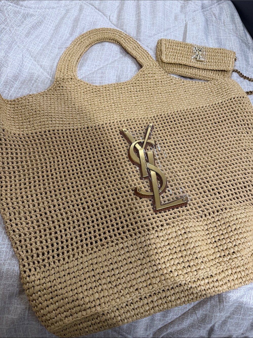 Saint Laurent Tan Raffia Tote with Gold YSL Accent